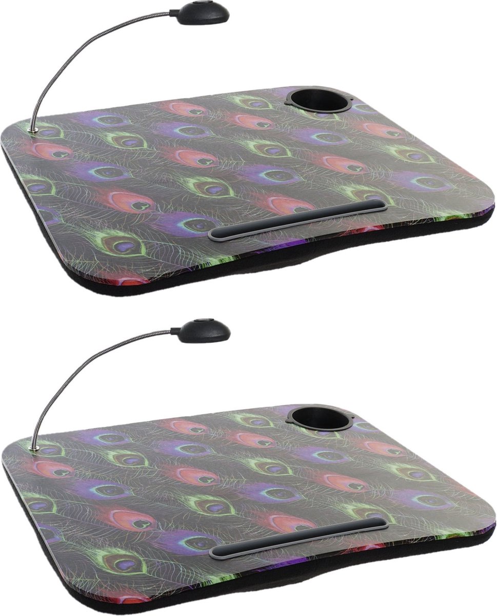 Schootkussen/laptray met LED verlichting - 2x stuks - 48 x 38 cm - gekleurde pauwenveren print - schoot tafeltje