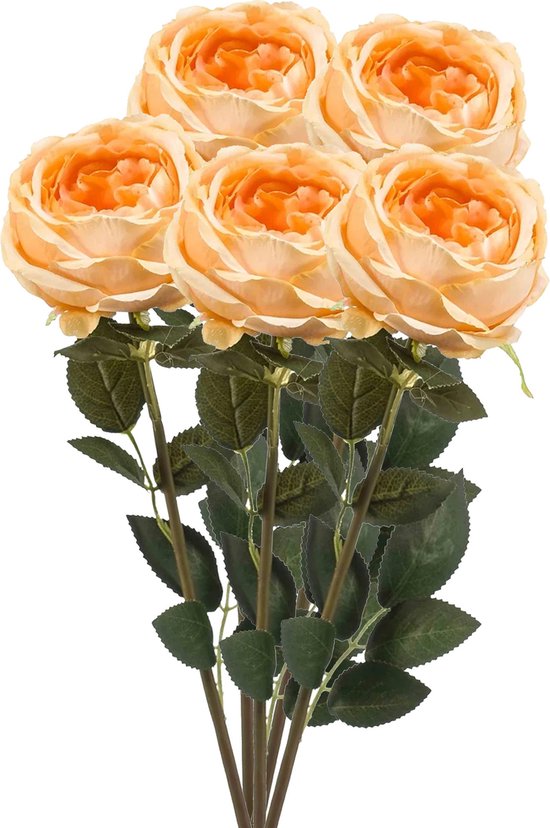 Emerald Kunstbloem roos Joelle - 5x - pastel oranje - 65 cm - decoratie bloemen