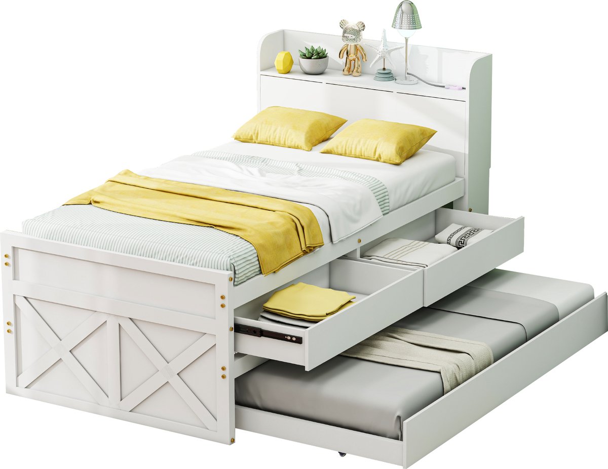 Merax Eenpersoonsbed met Extra Uitschuifbaar Bed - 90x190 - Kinderbed met Opbergruimte - Wit