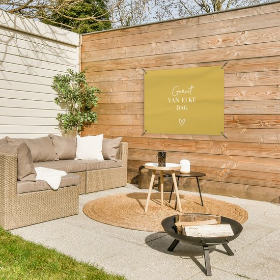 Affiche de jardin 80x60 cm - Décoration de jardin - Citation - Enjoy - Jaune - Texte - Coeur - Affiche pour le jardin - Décoration extérieure - Peinture de jardin de clôture - Décoration murale murale - Toile de jardin - Affiche extérieure