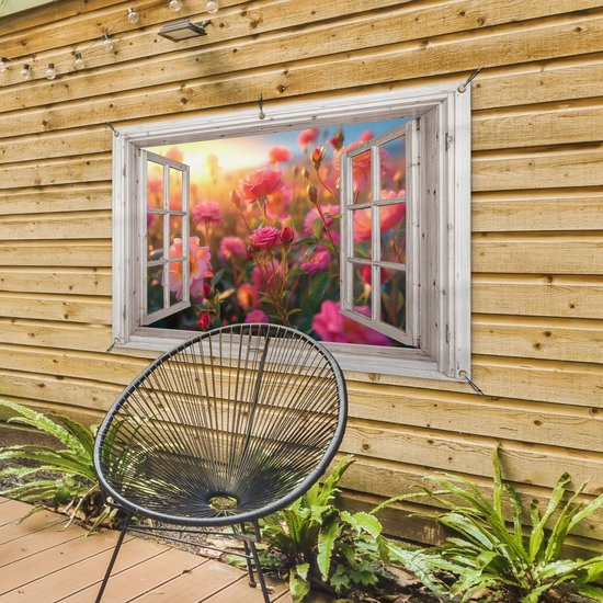 Tuinposter doorkijk bloemen - Wit raam - Tuindecoratie roze rozen - 120x80 cm - Poster voor in de tuin - Buiten decoratie - Schutting tuinschilderij - Tuindoek muurdecoratie - Wanddecoratie balkondoek