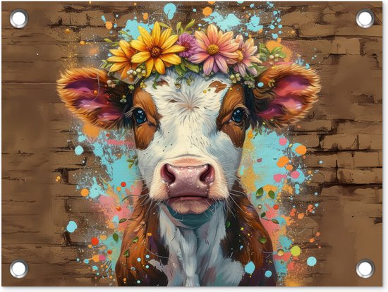 Tuinposter 40x30 cm - Tuindecoratie - Koe - Graffiti - Dieren - Bloemen - Street art - Poster voor in de tuin - Buiten decoratie - Schutting tuinschilderij - Muurdecoratie - Tuindoek - Buitenposter..