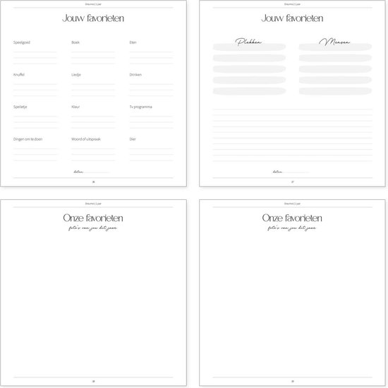 Vier pagina's van een opgroeiboek met de titels 'Jouw favorieten', 'Plekken', 'Mensen' en 'Onze favorieten'.