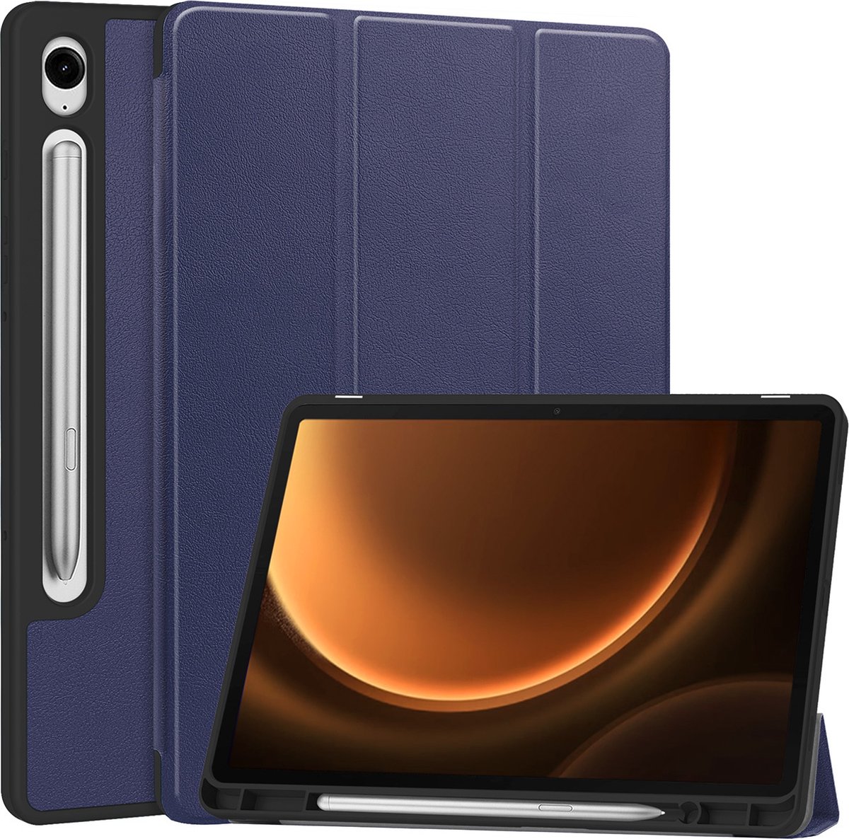 Hoes - Geschikt voor Samsung Galaxy Tab S9 FE - Dun & Stevig - Trifold Bookcase - Hard Cover Case - Met Uitsparing Geschikt voor S Pen - Hardcover Book - Tablet Hoesje - Donkerblauw