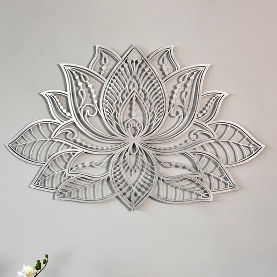 Colorfullworlds - 3D Metalen Mandala Wanddecoratie - Muurdecoratie - Lotusbloem Wanddecoratie - Housewarming Cadeau - Metalen Wandbord - Zilver - 67x43 CM