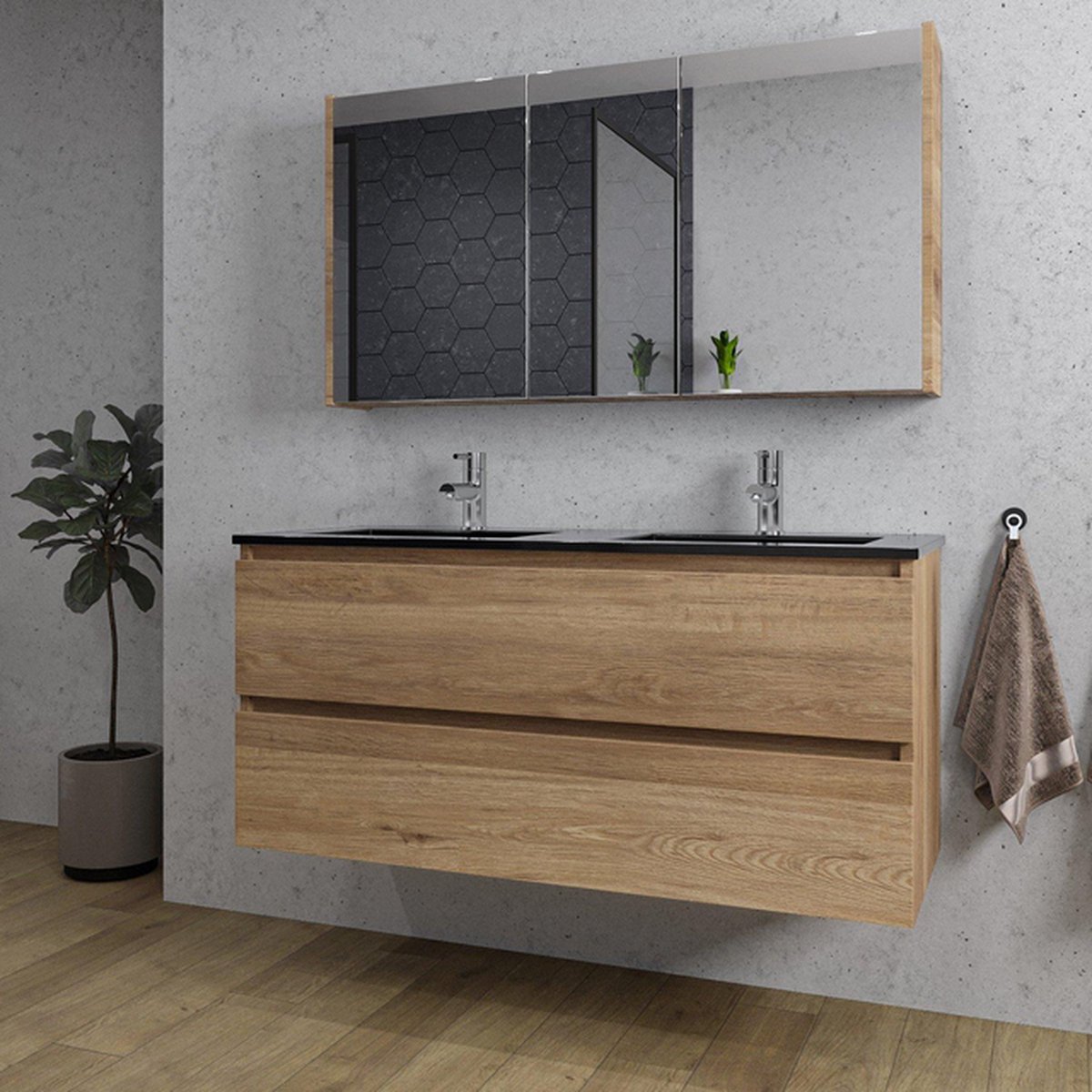 Adema Chaci Badkamermeubelset 120x46x57cm 2 keramische wasbakken zwart 2 kraangaten 2 lades Spiegelkast eiken