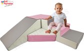 Zachte Soft Play Foam Blokken 4-delige set glijbaan met trap Roze-Grijs | grote speelblokken | motoriek baby speelgoed | foamblokken | reuze bouwblokken | Soft play peuter speelgoed | schuimblokken