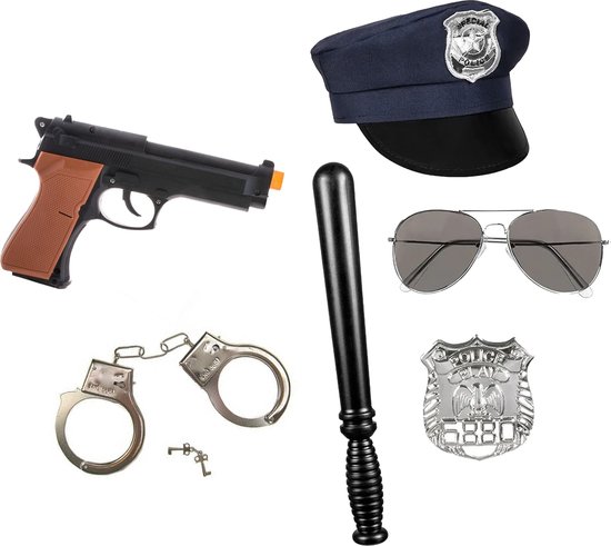 Foto: Carnaval verkleed set xl politie agent pet knuppel badge pistool zonnebril handboeien verkleedkleding accessoires