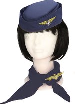 Ensemble de costumes de carnaval Hôtesses de l'air - chapeau/broche/écharpe - bleu/or - femme - aviation
