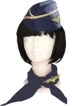 Carnaval verkleed set Stewardessen - hoedje/broche/sjaaltje - blauw/goud - dames - luchtvaart