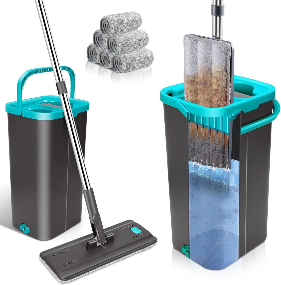 Goedkoopste Vlakmop met emmer, vloermopset 140 cm met 6 microvezelmoppads en roestvrijstalen handgreep, mop met wringfunctie voor vloerreiniging, nat en droog gebruik, grijs