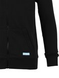 Zwarte hoodie met rits, kangoeroezak en lichtblauw riverso label.