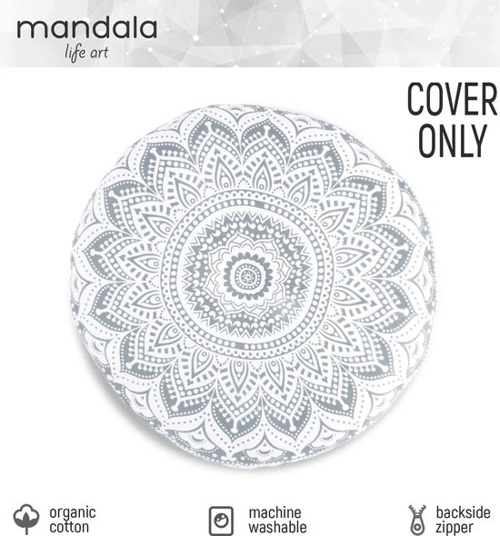 Ronde kussensloop voor vloerkussen, bohemian stijl, voor yoga kussen, meditatiekussen in mandala design, diameter 75 cm, van handbedrukt, natuurlijk katoen, patroon: blauwe lotus van FIFILARY. — afbeelding 3