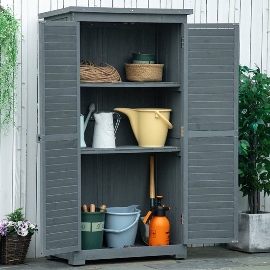 Tuinkast hout - Opbergkasten met deuren - Tuinhuis - Tuinschuur - Schuur voor gereedschap - Grijs - 87 x 46,5 x 160 cm
