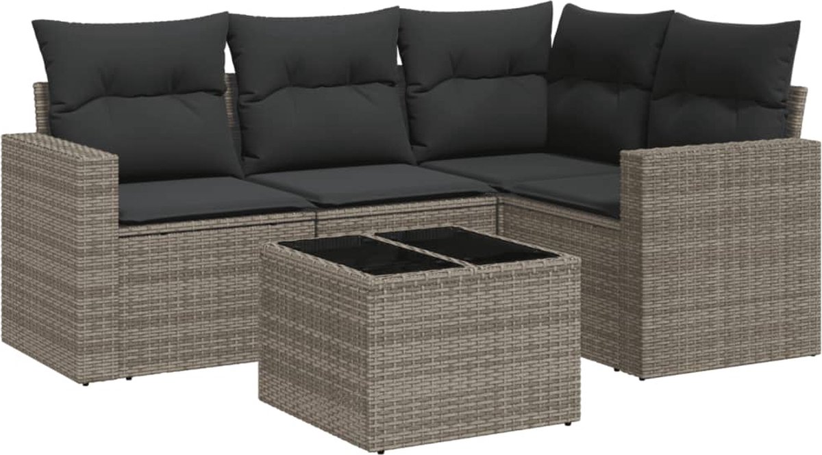 vidaXL 5-delige - Loungeset - met - kussens - poly - rattan - grijs
