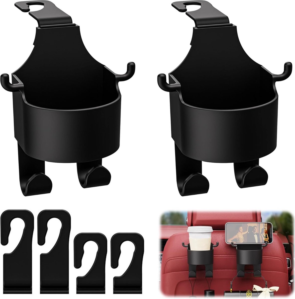 Bekerhouder voor in de auto, universele bekerhouder, bekerhouder, blikhouder, mini-afvalemmer met opberghaakhouder, flessenhouder voor koffiebekers en drankblikjes, zwart, 2 stuks