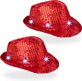 Relaxdays glitter hoed - set van 2 - lichtgevend - met led - pailletten - feest - rood