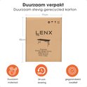 Grijze kartonnen doos van Lenx met afmetingen 92x77cm. Beschrijft een inklapbare tafel.