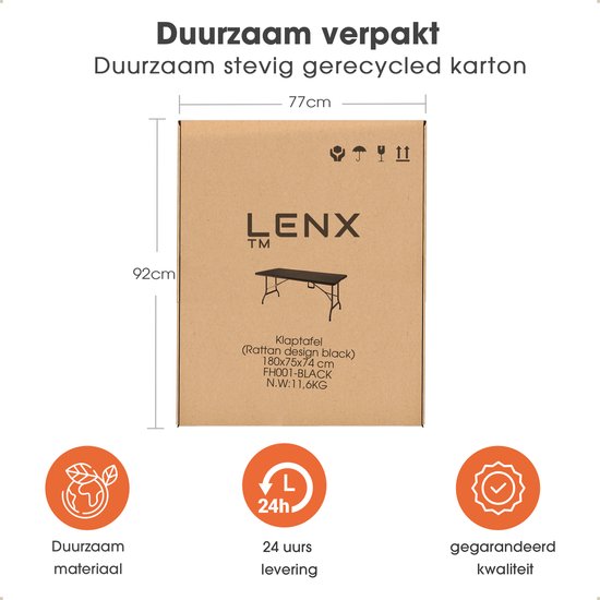 Grijze kartonnen doos van Lenx met afmetingen 92x77cm. Beschrijft een inklapbare tafel.