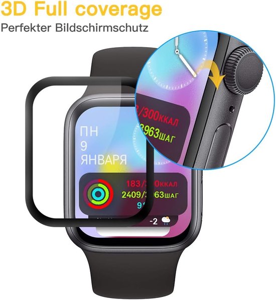 Een screenprotector met 3D-dekking wordt getoond naast een zwart Apple Watch.