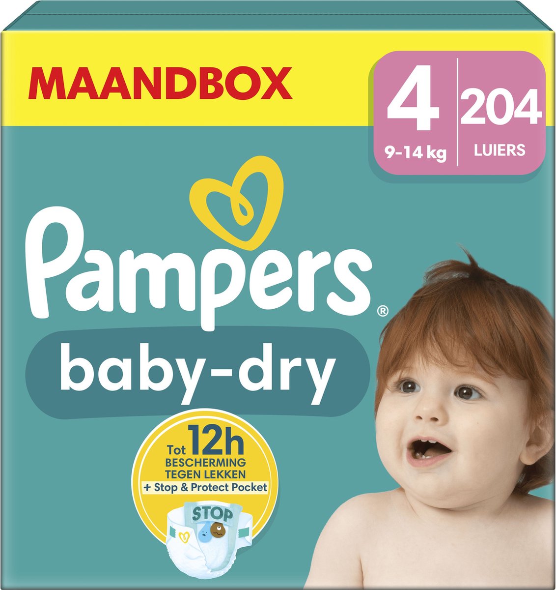 Pampers Baby-Dry - Maat 4 (9kg-14kg) - 204 Luiers - Maandbox - Pampers