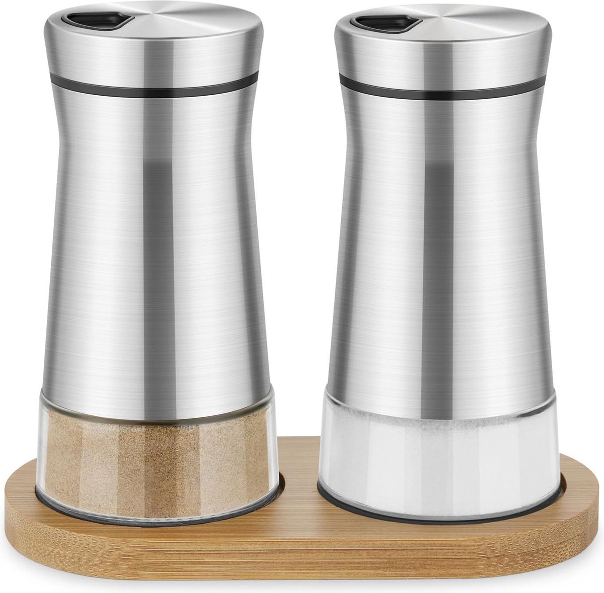 Zout- en peperstrooierset met dienblad van glas en roestvrij staal kruidenstrooier met verstelbare schenkgaten keukendecoratie voor huis restaurant (zilver + houten dienblad)