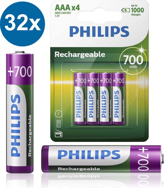 Philips AAA oplaadbare batterijen met 700 mAh, een blister met 4 stuks en twee losse batterijen.