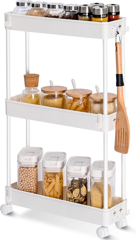 Opbergwagen - Keukentrolley - Mand en Werkblad - Wit
