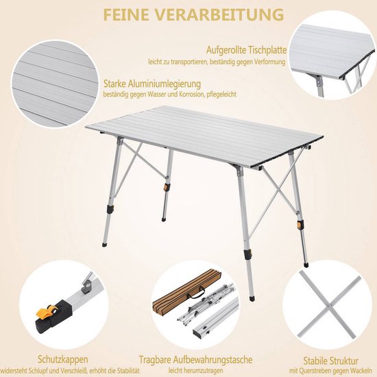 BukkitBow - Aluminium Opvouwbare Campingtafel - Lichtgewicht en In Hoogte Verstelbaar 120X68,5CM - Hoogte: 59-78,5CM - Zilver van BukkitBow — afbeelding 4
