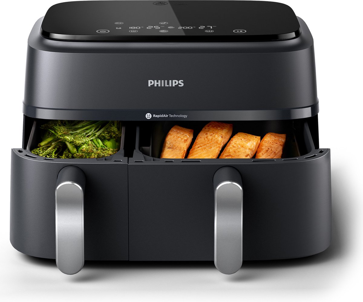 Philips 3000 Series Dual Airfryer - NA351/00 - Dubbele Mand - 9L - Tot 6 Personen - Zwart/Zilver op Prijzenvolger.com