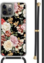 Casimoda® hoesje met zwart koord - Geschikt voor iPhone 12 Pro - Bloemen flowerpower - Afneembaar koord - TPU/polycarbonaat - Multi