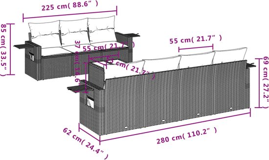 Dessin technique d'un salon modulaire 8 pièces beige avec coussins. Dimensions canapé : 280x62x69 cm. Dimensions fauteuil : 225x62x85 cm.