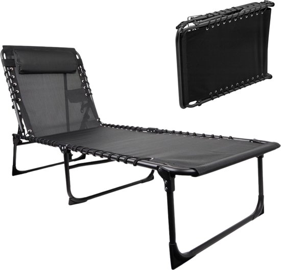 ElixPro - Ligstoel inclusief Hoofdkussen - Ligbed - Tuinstoel - Rugleuning Verstelbaar - Opvouwbaar - Zwart