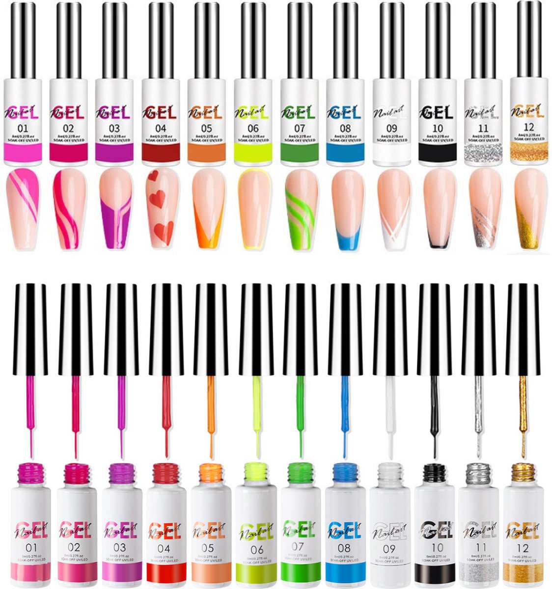 UV/LED Gel nagellak - Stripers 12x8 ml uv/led gellak flesjes - 12 UV/LED Gel Liner Set - nageldroger - nepnagels - uvled lamp - Gelnagels - UV/LED Gel nagellak - Hoge Pigment
