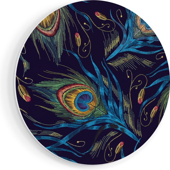 Artaza Forex Muurcirkel Getekende Pauw Veren Achtergrond - 50x50 cm - Klein - Wandcirkel - Rond Schilderij - Muurdecoratie Cirkel