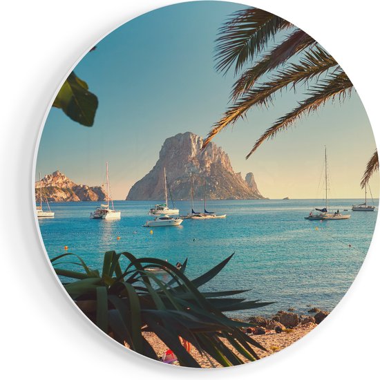 Artaza Forex Muurcirkel Ibiza Cala d'Hort Strand - 60x60 cm - Wandbord - Wandcirkel - Rond Schilderij - Wanddecoratie Cirkel