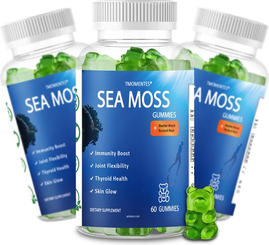 Drie potten Tmomentes Sea Moss Gummies op een witte achtergrond, met een groene beer-vormige gummy.