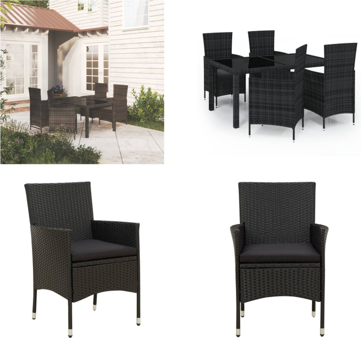 VidaXL 5-delige Tuinset met kussens poly rattan zwart Tuinset Tuinsets Tuinmeubelset Meubelset