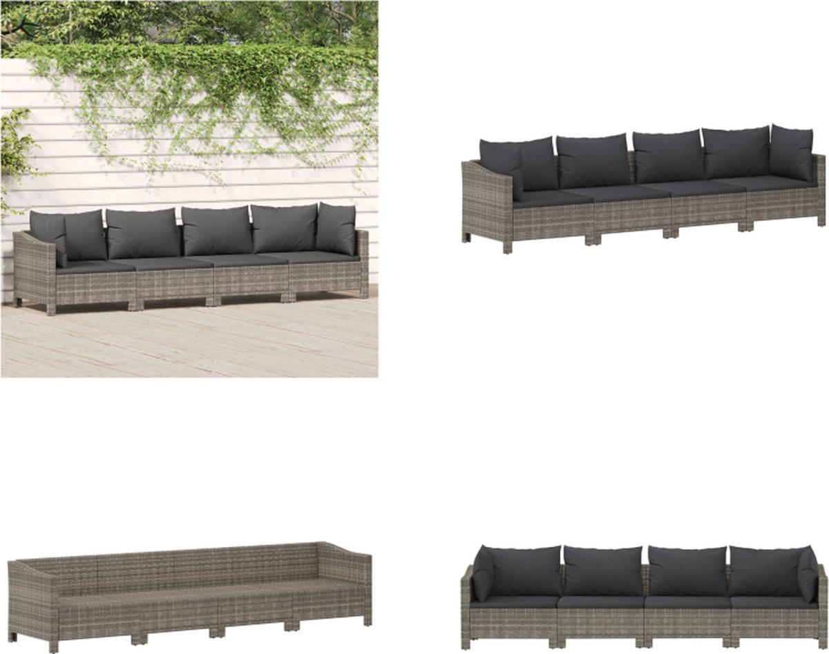VidaXL 4-delige Loungeset met kussens poly rattan grijs Loungeset Loungesets Loungeset Tuin Loungebank Tuin