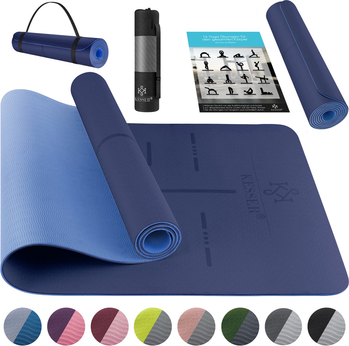 KESSER® Yoga Mat Extra Dik 183x61cm - Turnmat TPE Fitnessmat Gewatteerd & Antislip Yogamat Trainingsmat voor Fitness Pilates & Gymnastiek - Donkerblauw / Blauw