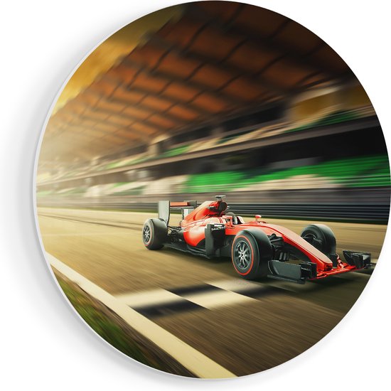 Artaza Forex Muurcirkel Formule 1 Auto bij de Finish in het Rood - 70x70 cm - Wandcirkel - Rond Schilderij - Wanddecoratie Cirkel - Muurdecoratie