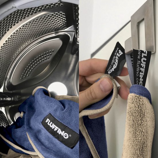 Collage: linkerhelft toont blauwe hondenhandoeken in een wasmachine; rechterhelft toont een hand die twee FLUFFINO handdoeken ophangt aan een haakje.