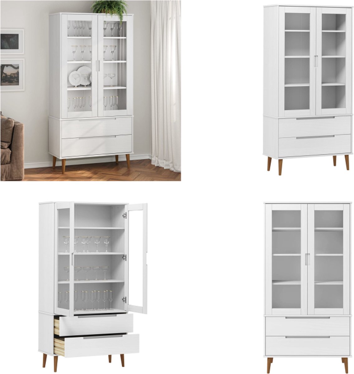 vidaXL Vitrinekast - MOLDE - 90x35x175 - cm - massief - grenenhout - wit