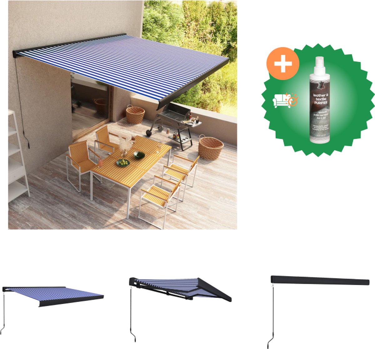 VidaXL Luifel handmatig 400x300 cm blauw en wit Vensterzonwering Inclusief Reiniger