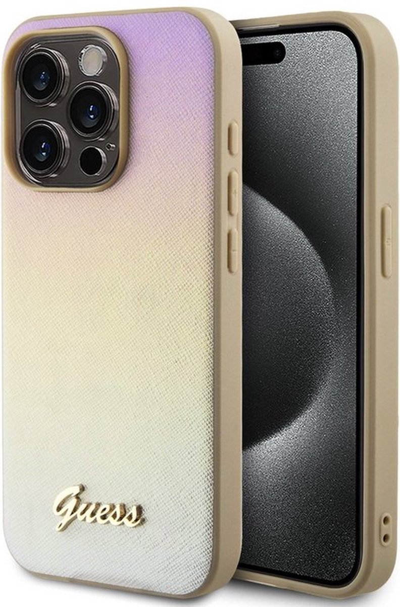 Guess Iridescent Metal Script Back Case - Apple iPhone 15 Pro (6.1") - Goud