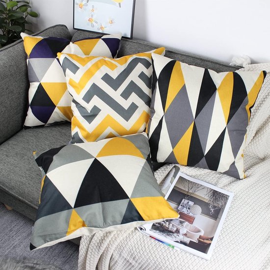 Set de 4 housses de coussin décoratives jaune 45 x 45 cm taies d'oreiller géométriques housses de coussin carrées pour extérieur terrasse jardin canapé salon canapé décoration