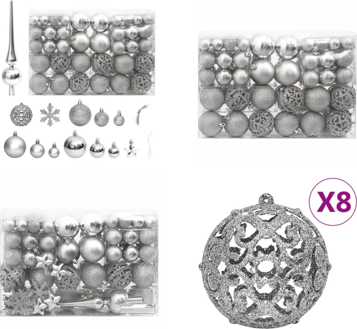 vidaXL-111-delige-Kerstballenset-polystyreen-zilverkleurig - Kerstballenset - Kerstballensets - Kerstbal - Kerstdecoratie
