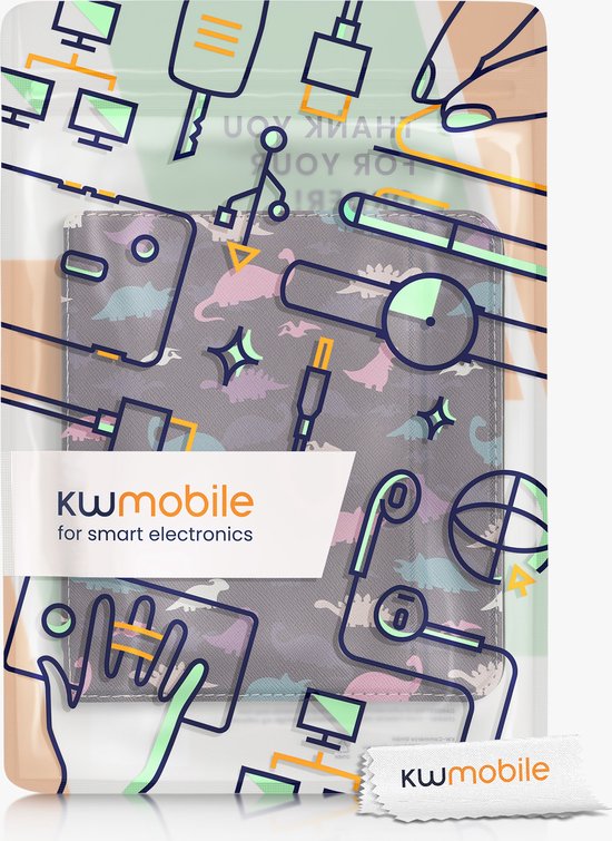 kwmobile e-reader hoesje geschikt voor Kobo Libra 2 hoes - E reader flip case met magnetische sluiting - Ereader cover - Bonte dinosauriërs design in paars / geel / blauw van Merkloos — afbeelding 3