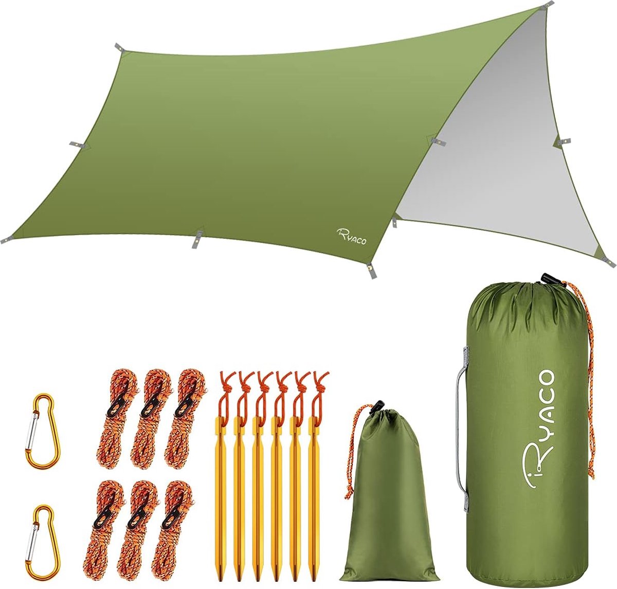 Ryaco Outdoor Tentzeil - Campingzeil - Zonnescherm met Opbergtas - Waterdicht - UV-Bestendig - Tarps voor kamperen - 3-4 Personen - 290 x 350 cm - Groen - Ryaco