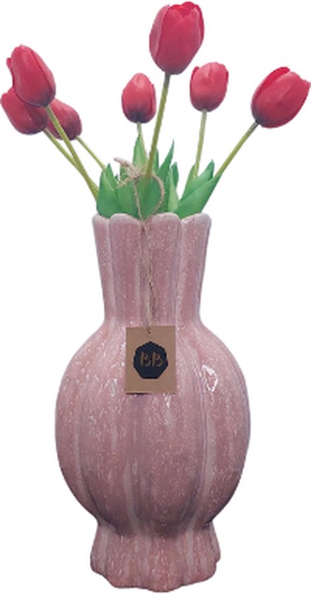Garlic Vaas met Zijden Tulpen - Vaas - Roze - Hoge Hals - 17x30cm - Keramiek